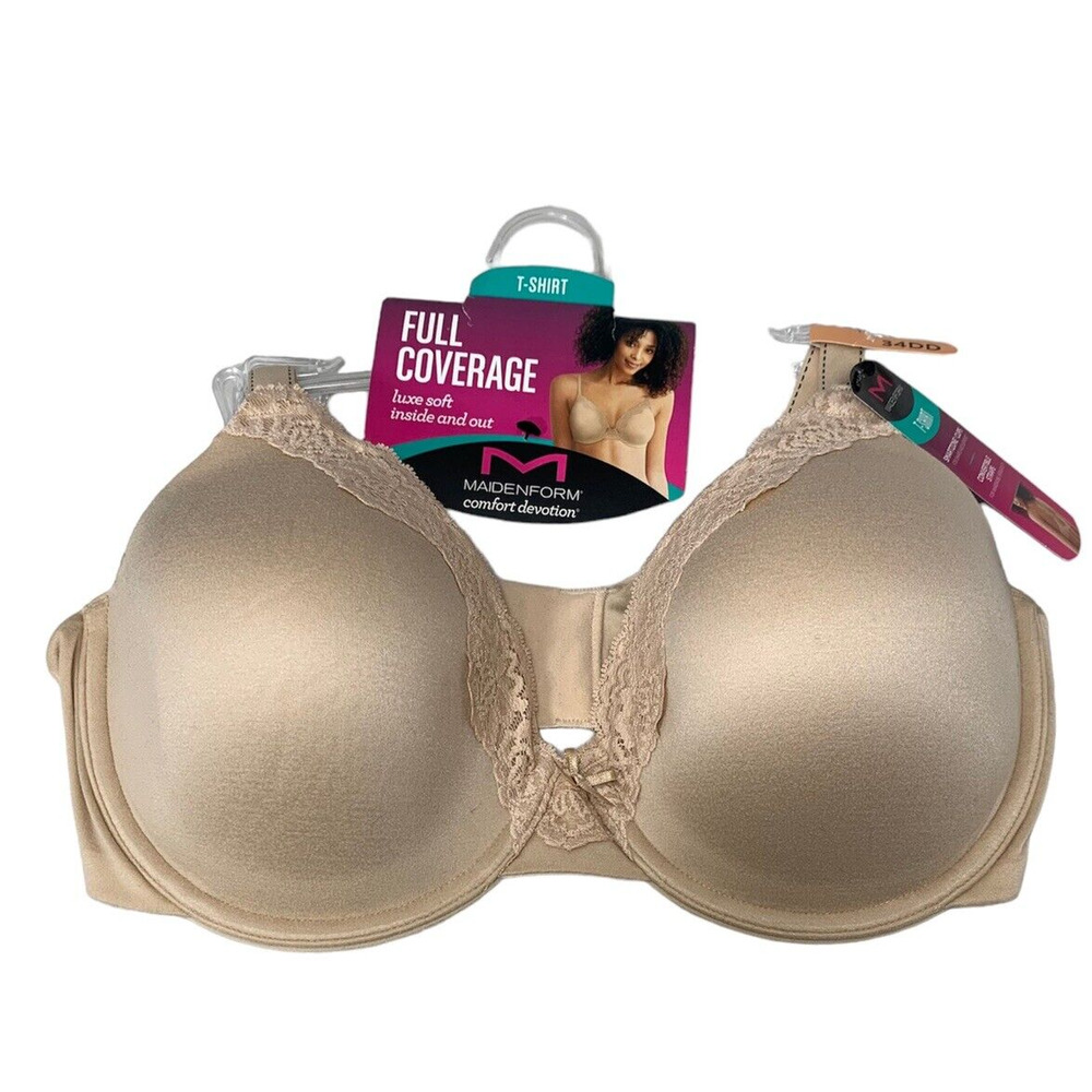 Maidenform Bra Size 34DD Beige Comfort Devotion Full Coverage Lace Criss Cross